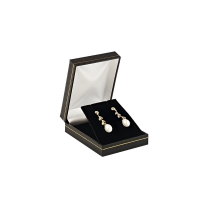 Black man-made leatherette earrings/pendant box with a gold border