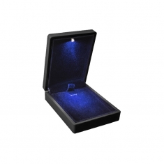 Soft-touch finish black plastic earring/pendant box with interior LED light