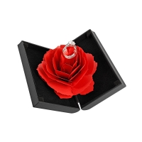 Black soft-touch finish ring box with red rose interior