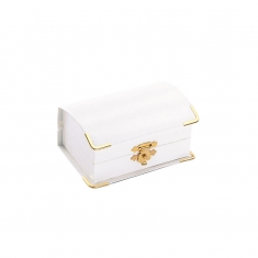 White leatherette box with gold edging for pair of wedding rings