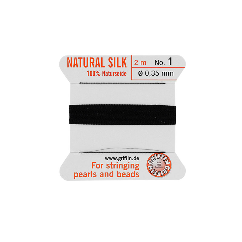 Natural black silk beading cord, 0.35mm diametre (size 1), 2m