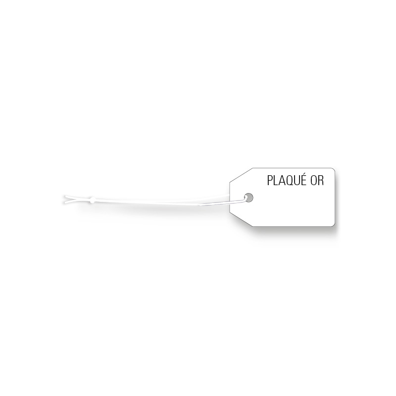 Strung plastic label with French inscription PLAQUE OR, 1 x 1.8cm