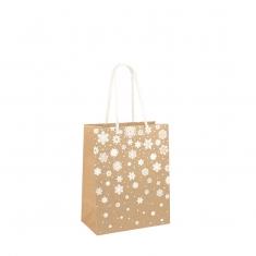 Natural kraft paper gift bag with hot foil printed white snowflakes, 11 x 6.4 x 14.6 cm H, 200g