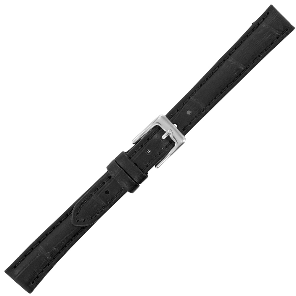 Black cowhide watch strap with embossed crocodile finish, split leather lining and steel buckle