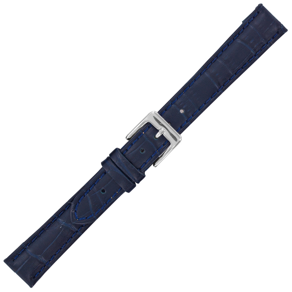 Black cowhide watch strap with embossed crocodile finish, split leather lining and steel buckle