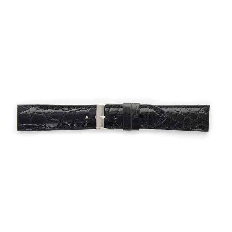 Black genuine aniline finish crocodile leather watch strap, coordinated stitching