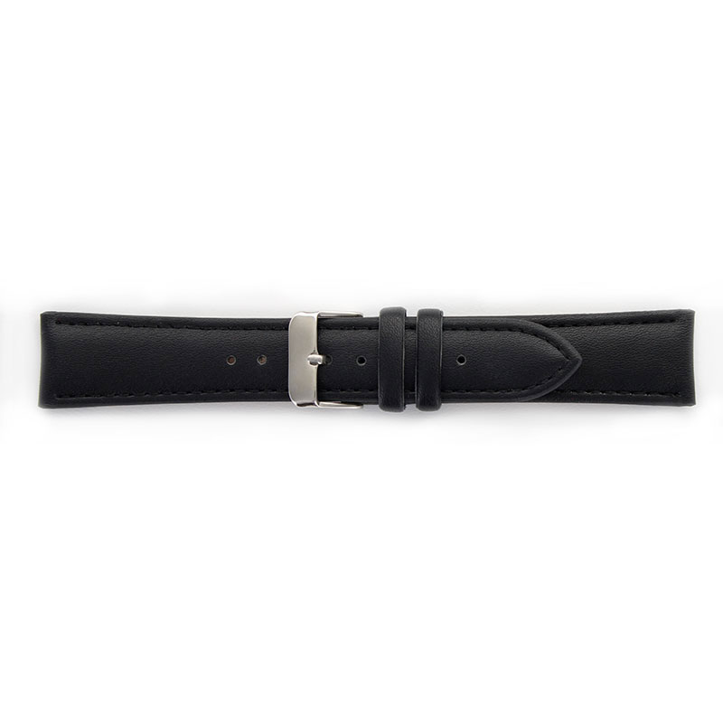 Black, smooth finish polyurethane watch strap with stitched seams