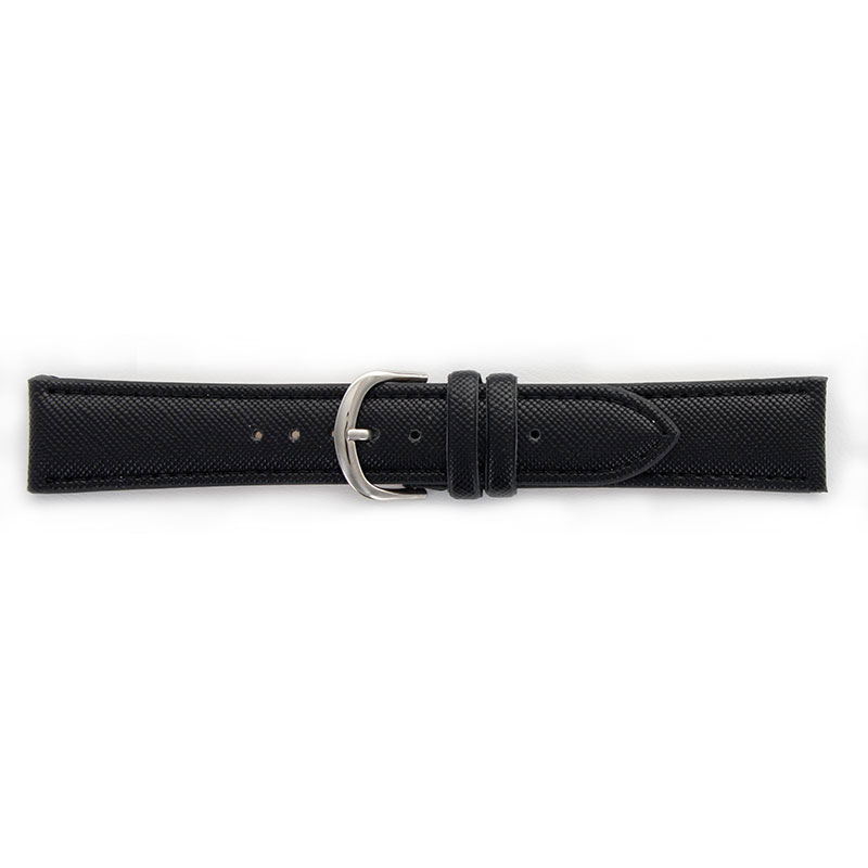 Black striated synthetic watch strap with stitched seams