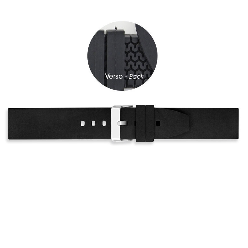 Black thermoplastic polyurethane watch strap with smooth upper, steel buckle