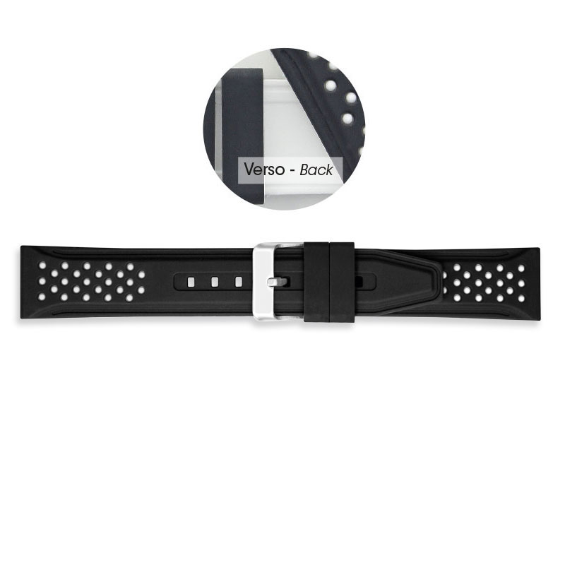 Black thermoplastic polyurethane watch strap with white motifs and steel buckle
