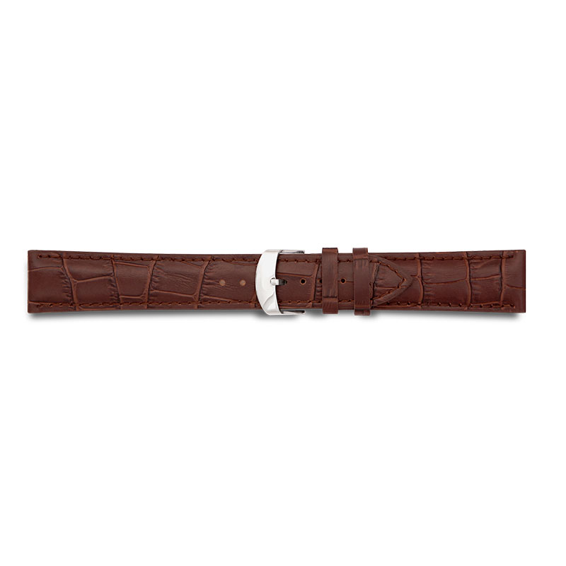 Brown full grain alligator finish, pigmented cowhide leather padded watch strap, steel buckle