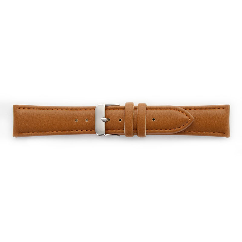 Cognac coloured, smooth finish polyurethane watch strap with stitched seams