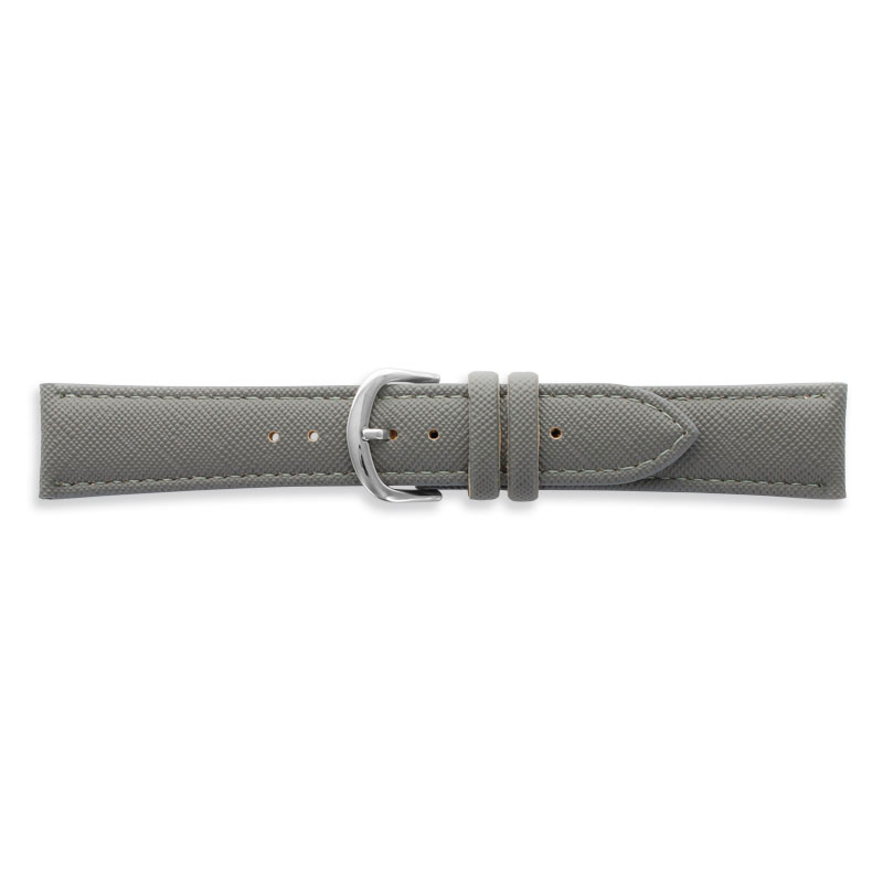 Grey synthetic watch strap with stitched seams, striated finish