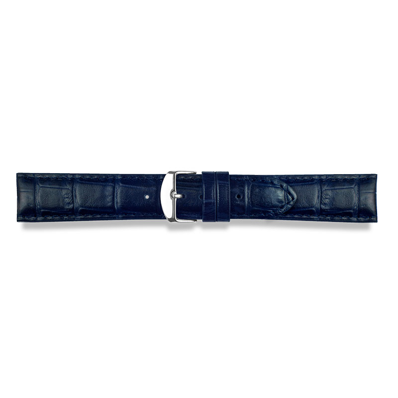 Navy blue alligator finish, full grain pigmented cowhide leather padded watch strap, steel buckle