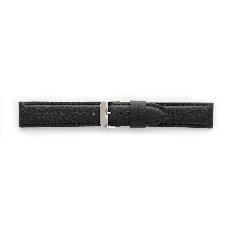 Premium quality black cowhide leather watch strap, coordinated stitching, steel buckle