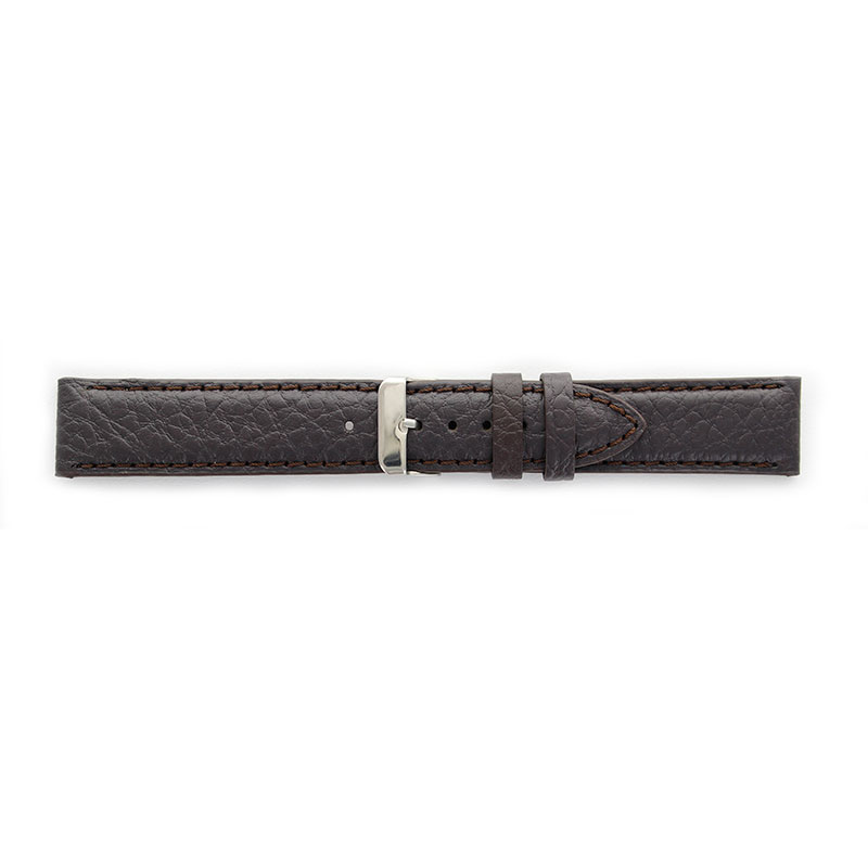 Premium quality dark brown cowhide leather watch strap, coordinated stitching, steel buckle