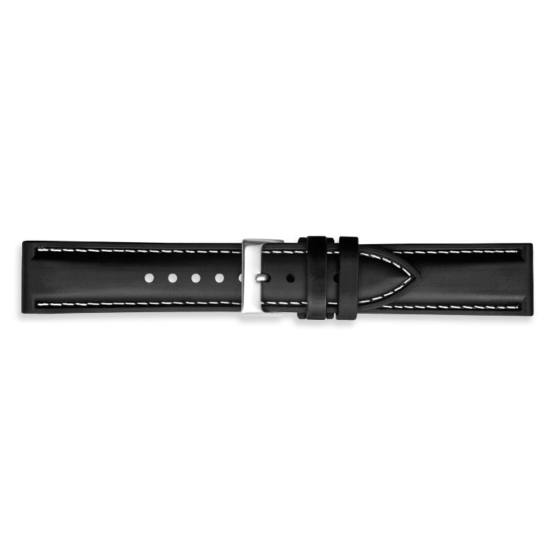 Smooth finish, black padded thermoplastic polyurethane watch strap with contrast stitching