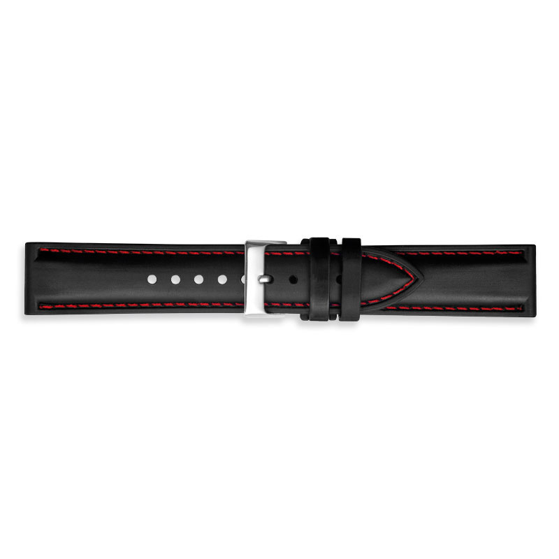 Smooth finish, black padded thermoplastic polyurethane watch strap with red contrast stitching