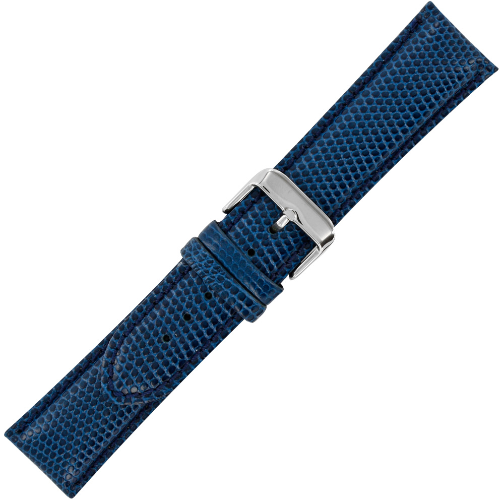 Navy blue genuine leather watch strap with lizard skin finish and steel buckle