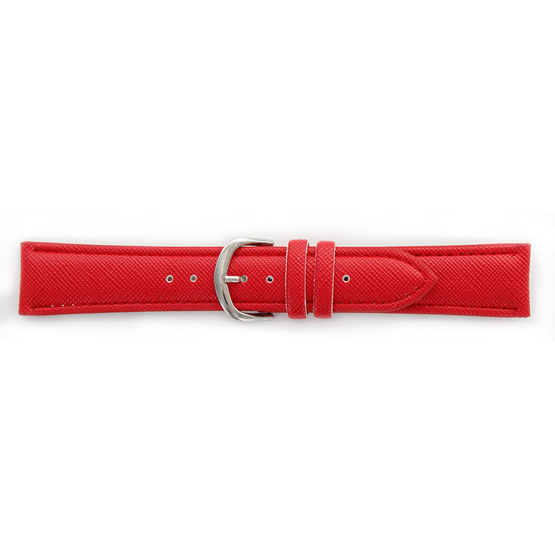 Red man-made watch strap with stitched seams, striated finish