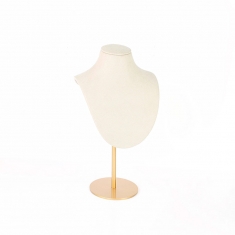 Adjustable cream coloured suedette display bust with matt finish gold metal foot, 19 to 27 cm tall