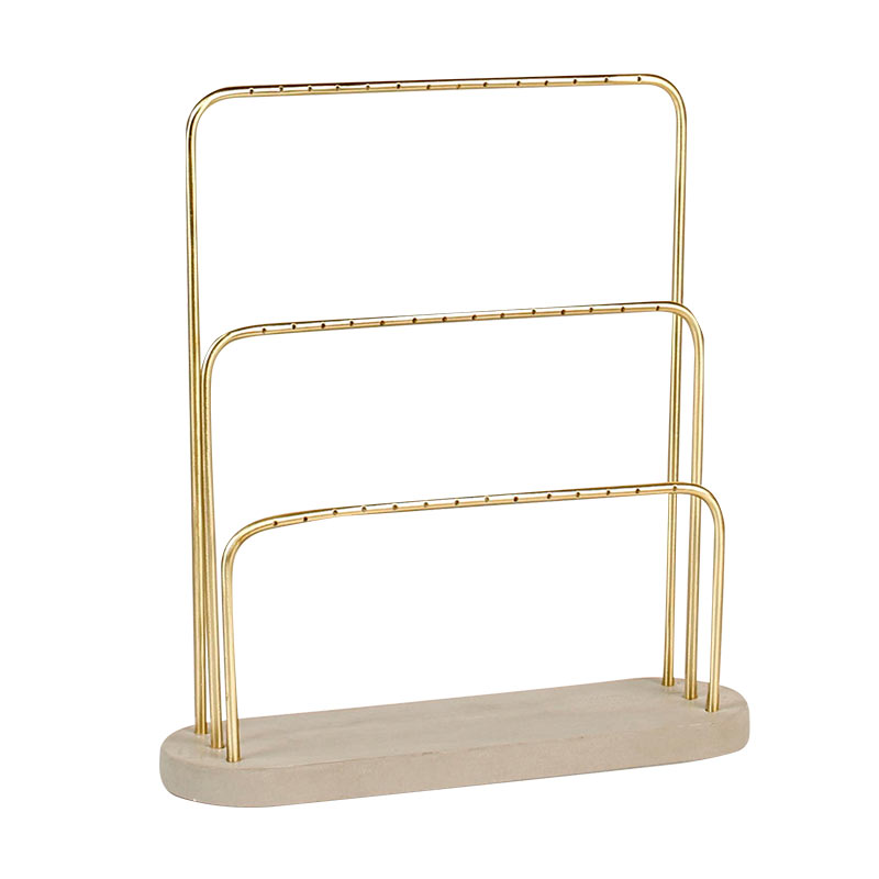 Matt finish gold-coloured metal 3 tier display for 21 pairs of earrings, concrete base, 25 cm tall