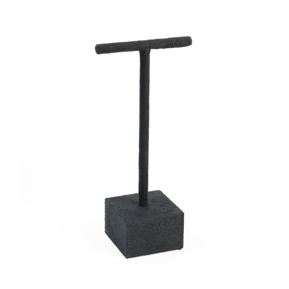 T-shaped earring display stand covered in black man-made suedette