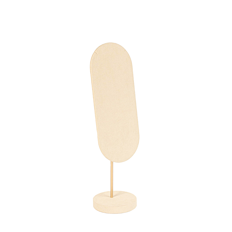 Cream man-made suedette and gold-coloured metal necklace display, 37.5 cm tall