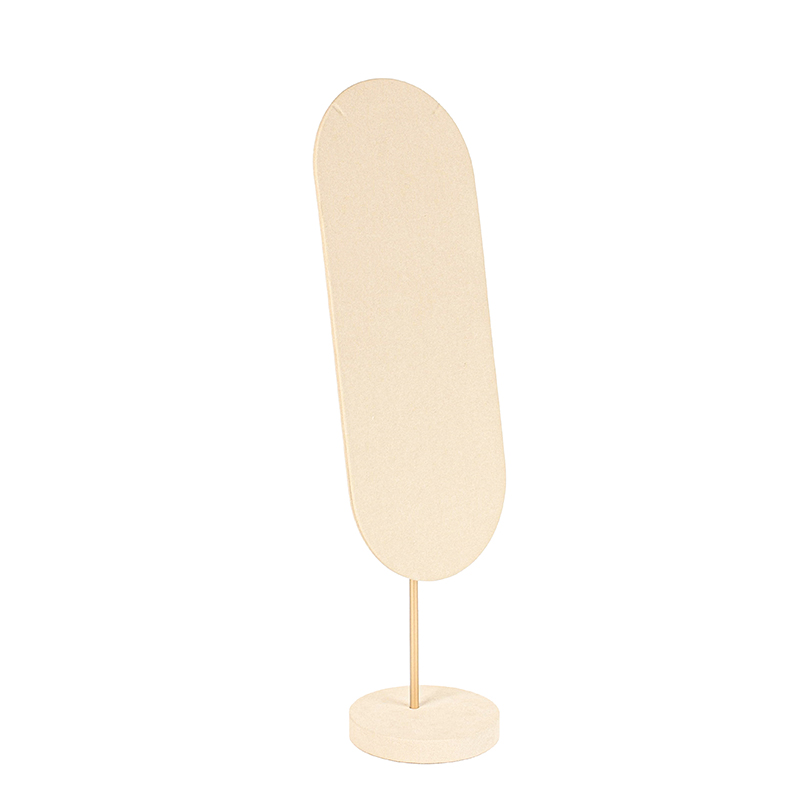 Cream man-made suedette and gold-coloured metal necklace display, 43 cm tall