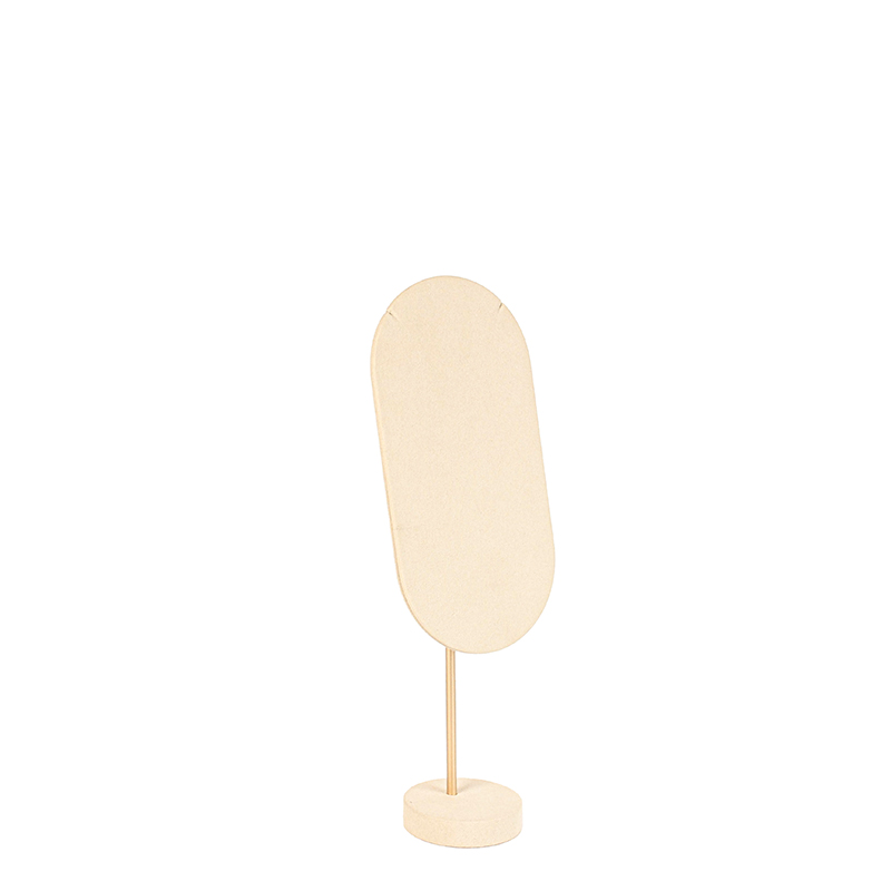 Cream man-made suedette and matt gold-coloured metal necklace display, 32.4 cm tall