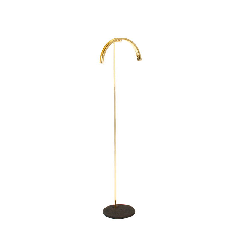 Brass-coloured Gold plated metall curved necklace display stand with round black granite finish base
