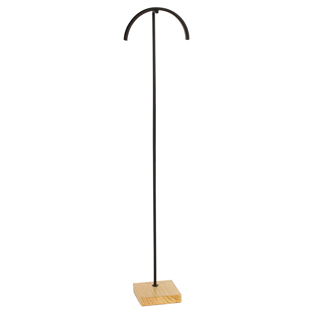 Curved necklace display stand in black metal with wooden base, 28cm
