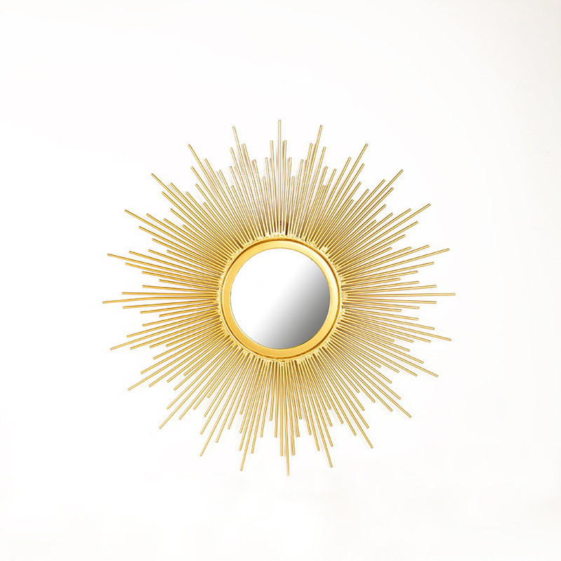Matt gold-coloured metal round wall mirror with sun ray surround 45cm