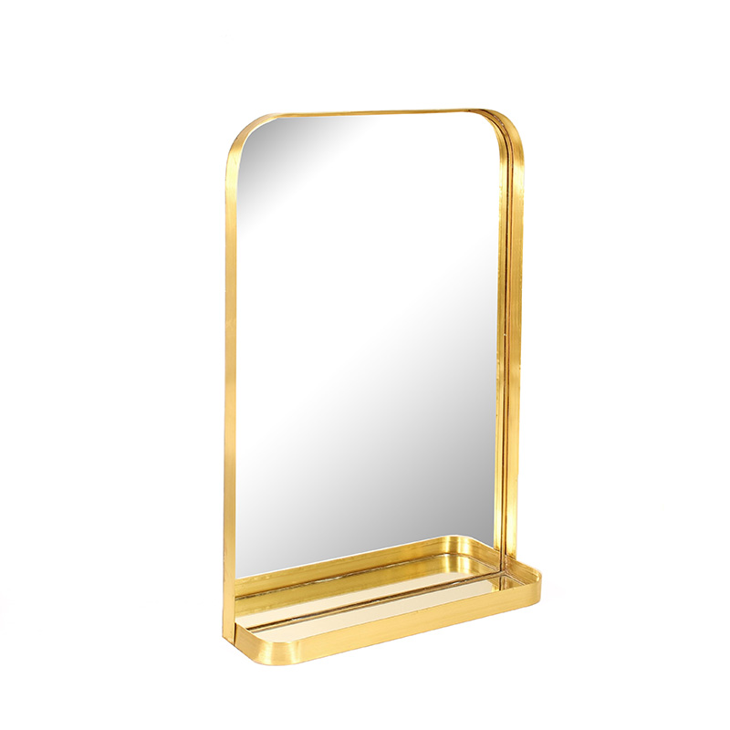 Rectangular wall mirror with small shelf, gold-coloured metal, 30.5 x 46 cm