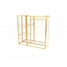Glass display case with shelves and hooks, brass frame and mirror