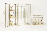 Glass display case with shelves and hooks, brass frame and mirror