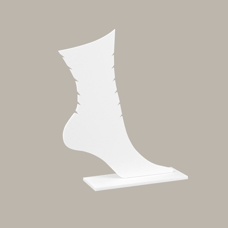 Matt white plexiglass portable foot display for ankle chains, H 23.5cm