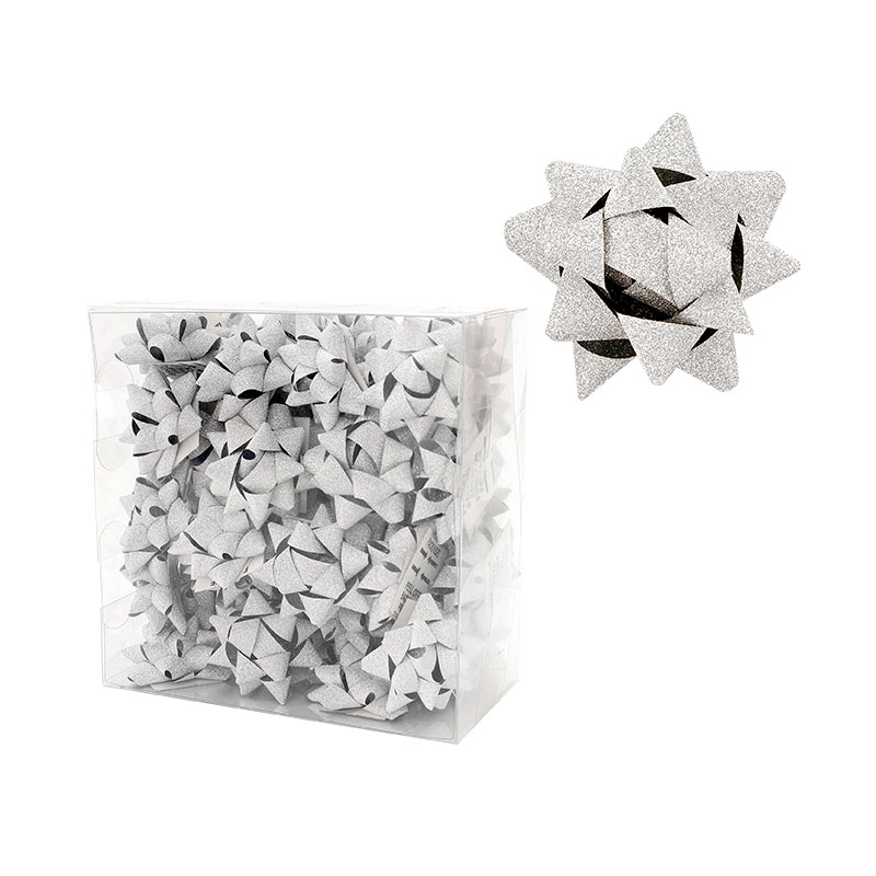 Box of glittery silver confetti bows