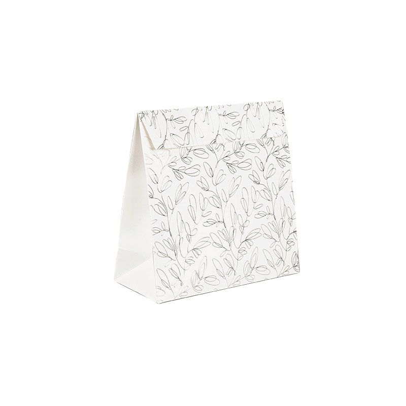 Glossy white paper pouches, silver hot foil printed botanical motifs, 18.5 x 8 x 18.5 cm tall, 190 g