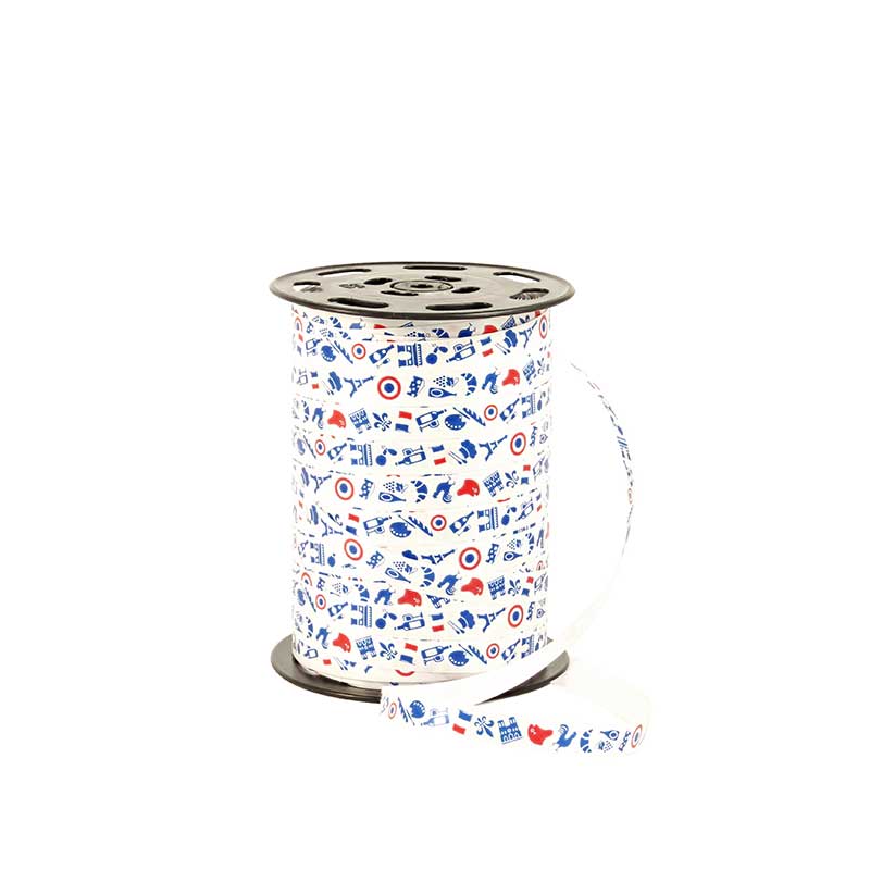 White curling ribbon with typical French blue and red motifs