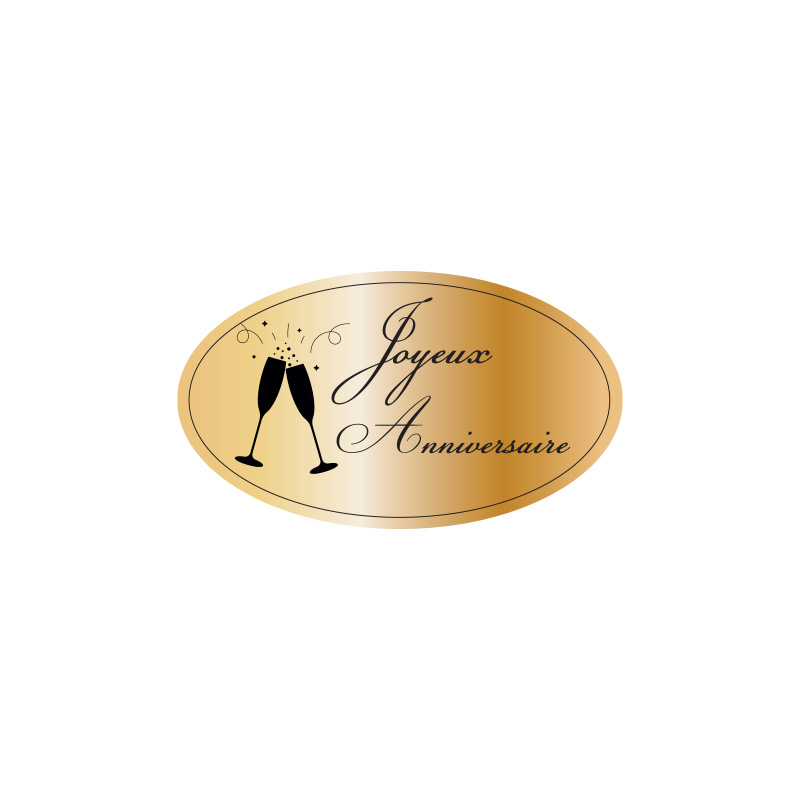 Oval adhesive gift labels with ™Joyeux Anniversaire™ and champagne glasses in gold and black (x500)