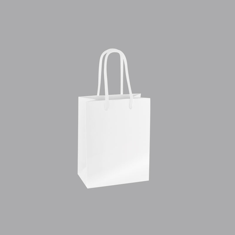 Tall white laminated boutique paper bags, 11.4 x 6.4 x 14.6 cm H, 190g