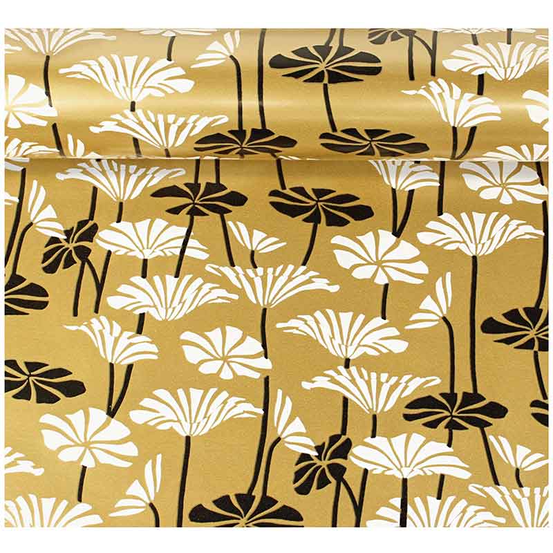 Gold-coloured wrapping paper with black and white water lilly motifs, 0.70 x 25 m, 60g