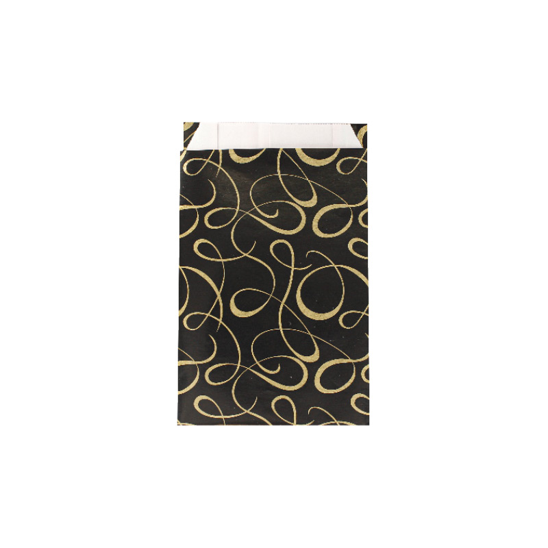 Shiny black gift bags with matt gold ™scrolls™ print 7 x 12cm, 70g (x125)