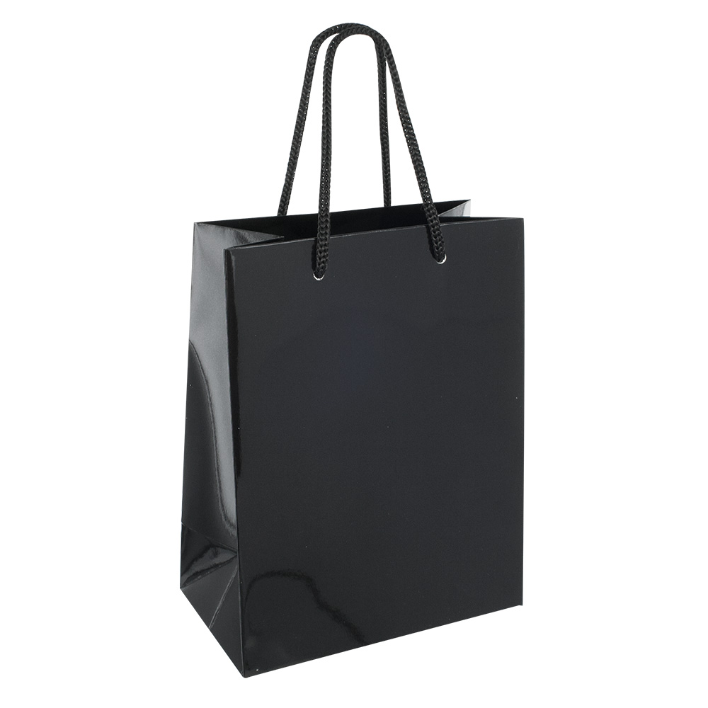 Black gloss paper boutique bags, 18 x 10 x 22.7 cm H, 190 g