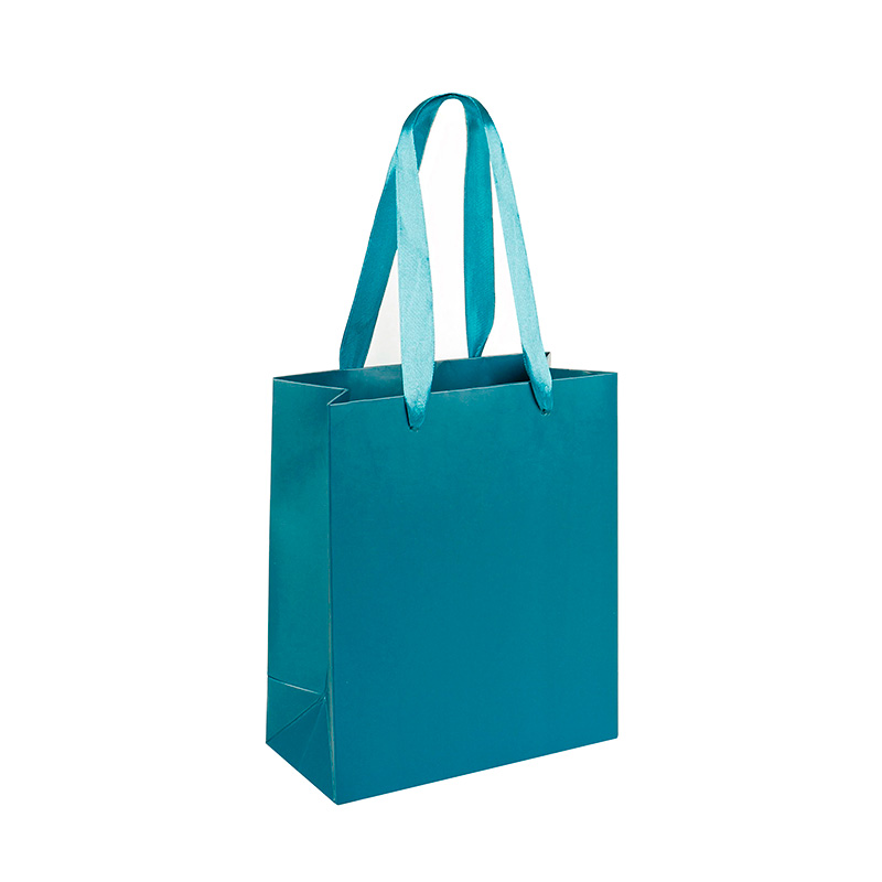 Matt finish teal paper gift bag with ribbon handles, 16 x 8 x 19 cm, 190 g