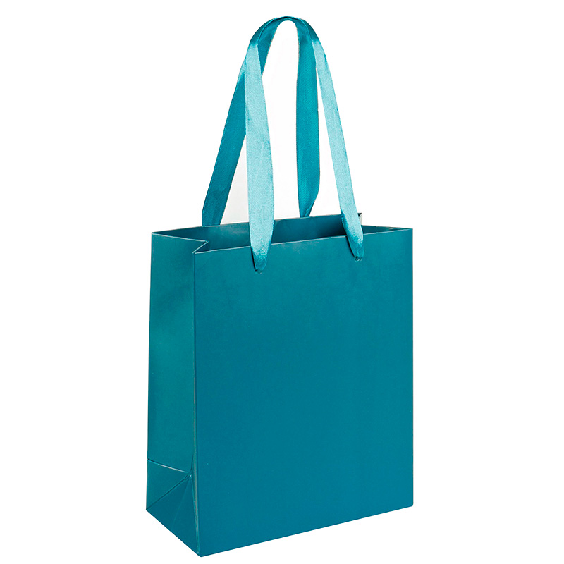 Matt finish teal paper gift bag with ribbon handles, 22 x 10 x 29 cm, 190 g