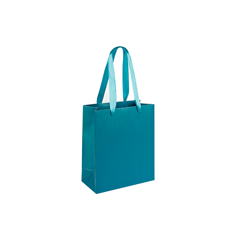 Matt finish teal paper gift bags with ribbon handles, 10 x 6.5 x 12 cm tall, 190 g