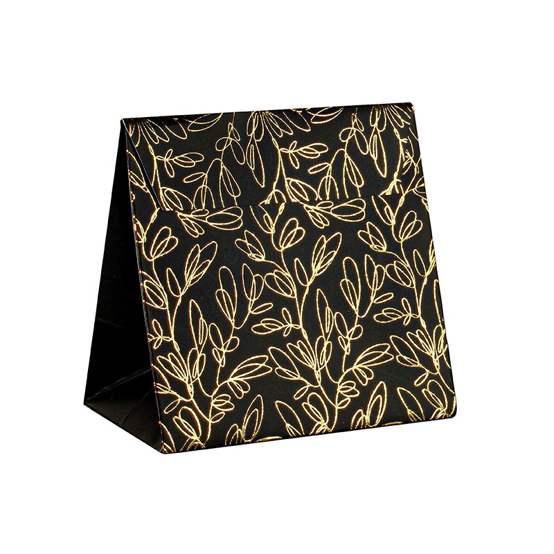 Black satin-finished stand-up paper bags with gold leaf print, 190g - 18.5 x 8 x H 18.5cm