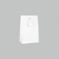Matt white paper stand-up bags with white satin ribbon, 140 g - 13 x 7 x 20 cm tall